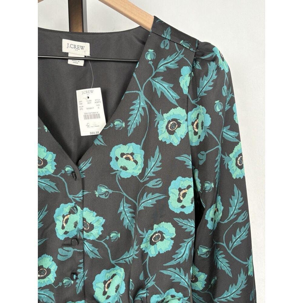 J. Crew Satin Back Crepe Button-front Blouse 0 Black Green Floral V-Neck NWT - Picture 2 of 12